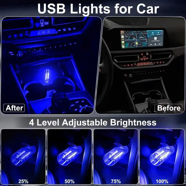 Alt view image 3 of 7 - 2 PCS Car USB Lights, Plug-in Retro Car Atmosphere Lamp with Touch Dimmable, Portable Mini Glass Bottle LED Bulb Night Lights for Vehicle Bedroom Hallway Camping Holiday Decoration (Blue)