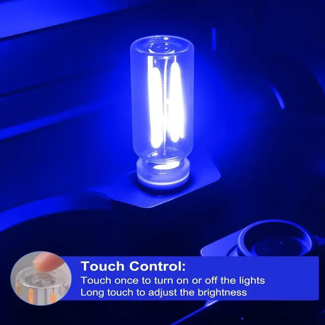 Alt view image 4 of 7 - 2 PCS Car USB Lights, Plug-in Retro Car Atmosphere Lamp with Touch Dimmable, Portable Mini Glass Bottle LED Bulb Night Lights for Vehicle Bedroom Hallway Camping Holiday Decoration (Blue)