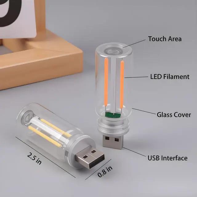 Alt view image 5 of 7 - 2 PCS Car USB Lights, Plug-in Retro Car Atmosphere Lamp with Touch Dimmable, Portable Mini Glass Bottle LED Bulb Night Lights for Vehicle Bedroom Hallway Camping Holiday Decoration (Blue)