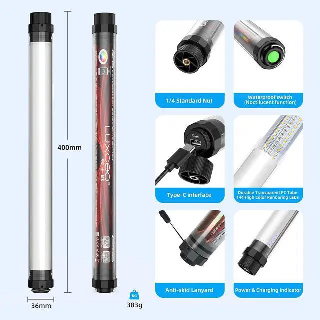Alt view image 3 of 6 - Handheld Photography Light Professional LED Video Light Wand 12 Lighting Mode, Stepless Dimming,CRI95 IP68 Waterproof with10400mAH Rechargeable Battery 3000k 5750k RGB Colorful Stick