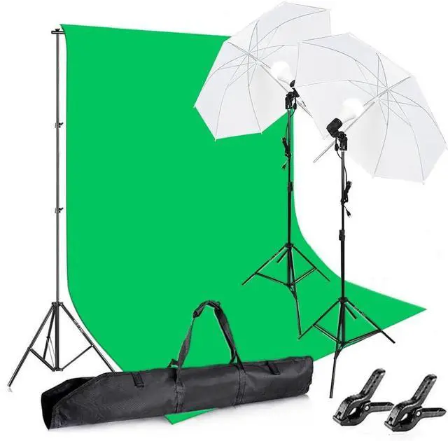 Main image of Photography Background Stand Support System with Muslin Backdrop (Chromakey Green Screen kit) 85W 5500K LED Bulb with Umbrella Lighting Kit for Photo Studio Product, Portrait and Video Shoot