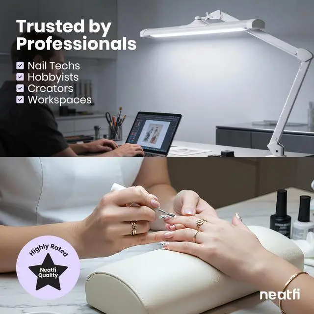 Alt view image 4 of 7 - Neatfi Ultra 3,500 Lumens LED Desk Lamp with Base 45W, 270 SMD LEDs, Shadow-Free | Adjustable Brightness | Non-Flickering Task Light for Nail, Craft & Office (White-3, 26-Inch Wide Shade)