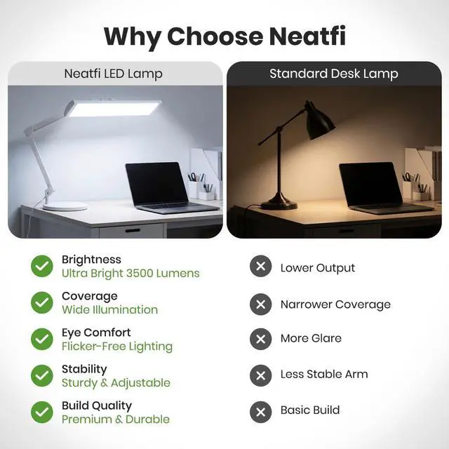 Alt view image 5 of 7 - Neatfi Ultra 3,500 Lumens LED Desk Lamp with Base 45W, 270 SMD LEDs, Shadow-Free | Adjustable Brightness | Non-Flickering Task Light for Nail, Craft & Office (White-3, 26-Inch Wide Shade)