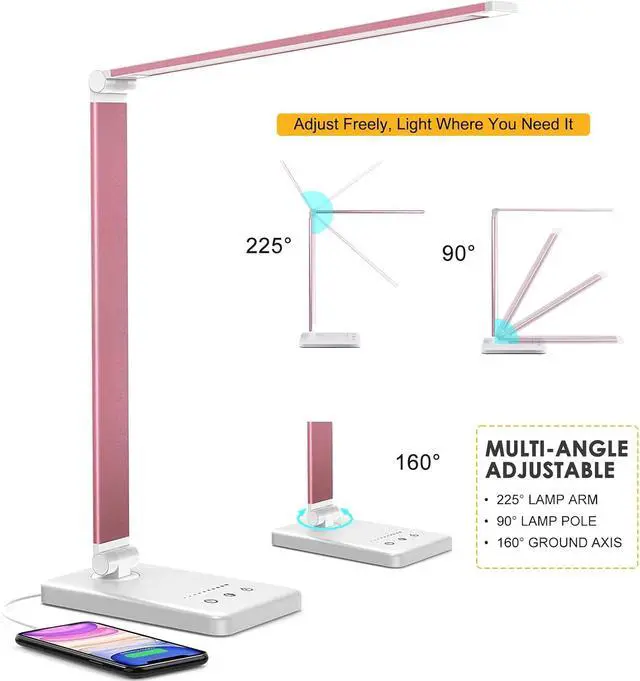 Alt view image 5 of 7 - Led Desk Lamp, Desk Lamp with USB Charging Port, 5 Color Modes, 10 Brightness, Natural Light, Eye Caring Reading Lamp, Desk Light for Home Office, Table Lamp, Touch Control, Auto-Timer, Pink