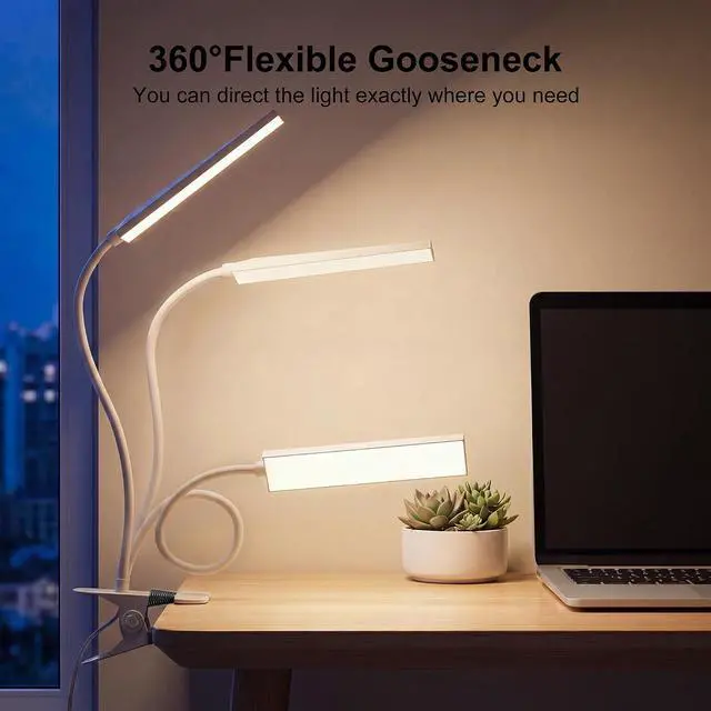 Alt view image 2 of 7 - Vansuny Clip on Light LED Desk Lamp with Metal Clip, 6 Level Brightness 3 Color Modes, Power by USB Port 5W Adjustable Neck Eye-Caring Reading Light for Home and Office, White
