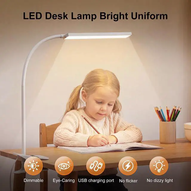 Alt view image 3 of 7 - Vansuny Clip on Light LED Desk Lamp with Metal Clip, 6 Level Brightness 3 Color Modes, Power by USB Port 5W Adjustable Neck Eye-Caring Reading Light for Home and Office, White