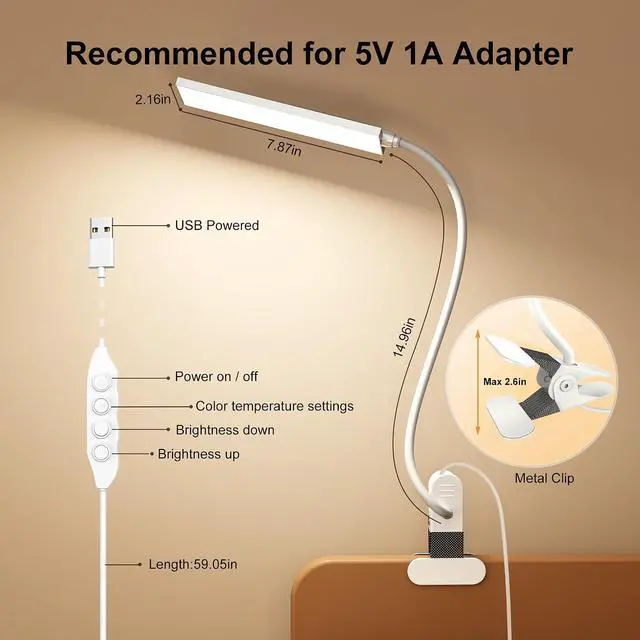 Alt view image 4 of 7 - Vansuny Clip on Light LED Desk Lamp with Metal Clip, 6 Level Brightness 3 Color Modes, Power by USB Port 5W Adjustable Neck Eye-Caring Reading Light for Home and Office, White