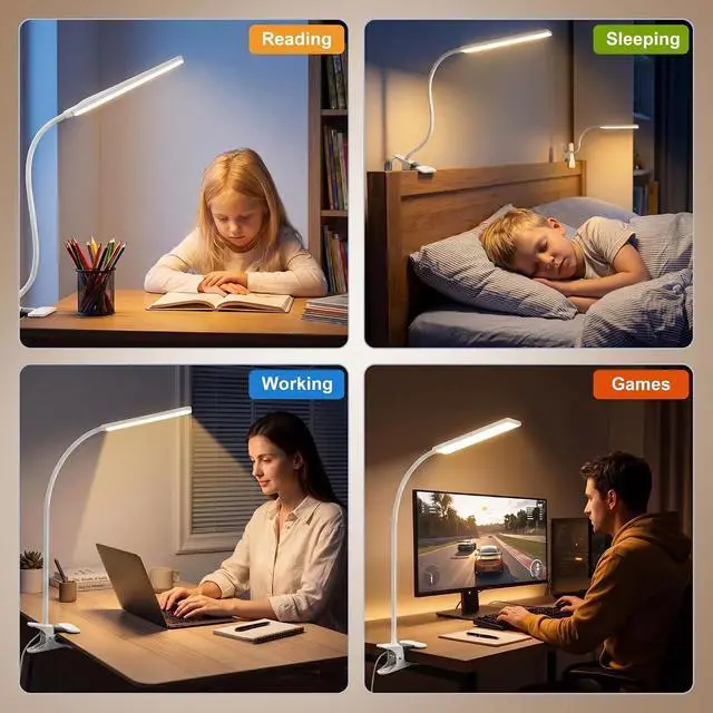 Alt view image 6 of 7 - Vansuny Clip on Light LED Desk Lamp with Metal Clip, 6 Level Brightness 3 Color Modes, Power by USB Port 5W Adjustable Neck Eye-Caring Reading Light for Home and Office, White