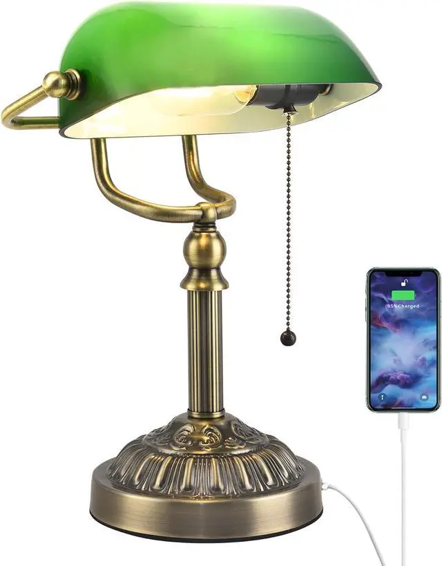 Main image of Bankers Desk Lamp with USB-A Charging Port, Vintage Desk Lamps with Pull Chain Green Glass, Antique Brass Banker's Lamp for Home Office Library