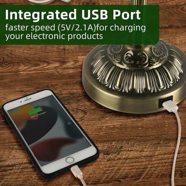 Alt view image 2 of 7 - Bankers Desk Lamp with USB-A Charging Port, Vintage Desk Lamps with Pull Chain Green Glass, Antique Brass Banker's Lamp for Home Office Library