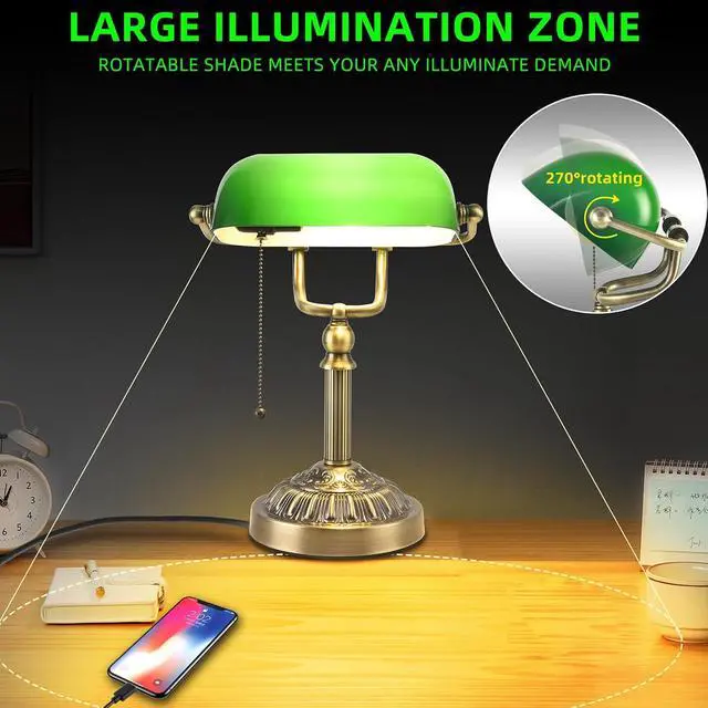 Alt view image 3 of 7 - Bankers Desk Lamp with USB-A Charging Port, Vintage Desk Lamps with Pull Chain Green Glass, Antique Brass Banker's Lamp for Home Office Library