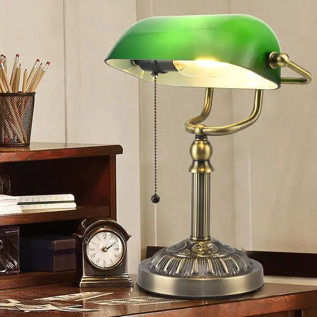 Alt view image 4 of 7 - Bankers Desk Lamp with USB-A Charging Port, Vintage Desk Lamps with Pull Chain Green Glass, Antique Brass Banker's Lamp for Home Office Library