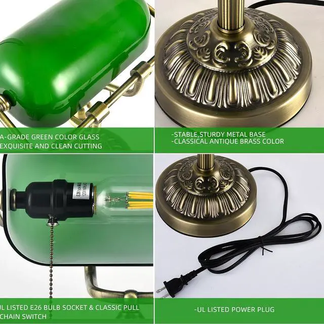 Alt view image 5 of 7 - Bankers Desk Lamp with USB-A Charging Port, Vintage Desk Lamps with Pull Chain Green Glass, Antique Brass Banker's Lamp for Home Office Library