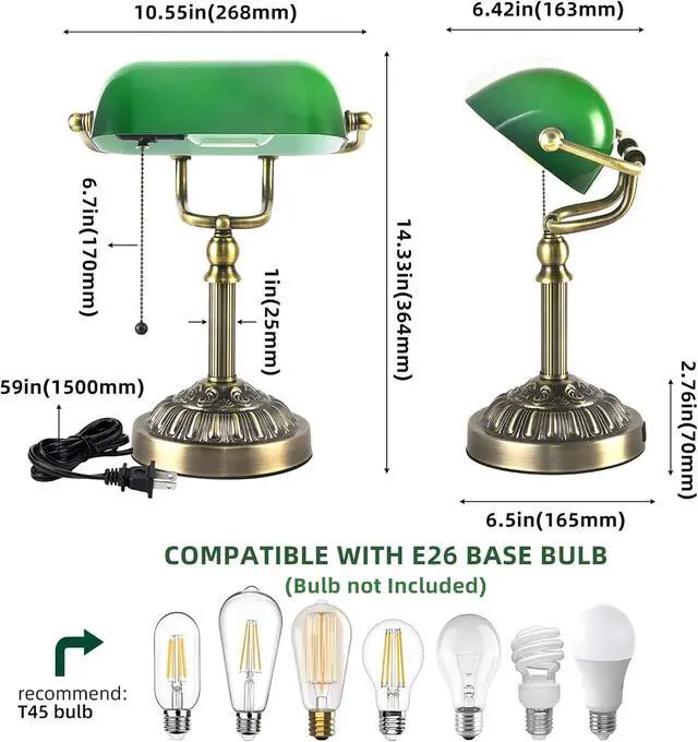 Alt view image 6 of 7 - Bankers Desk Lamp with USB-A Charging Port, Vintage Desk Lamps with Pull Chain Green Glass, Antique Brass Banker's Lamp for Home Office Library