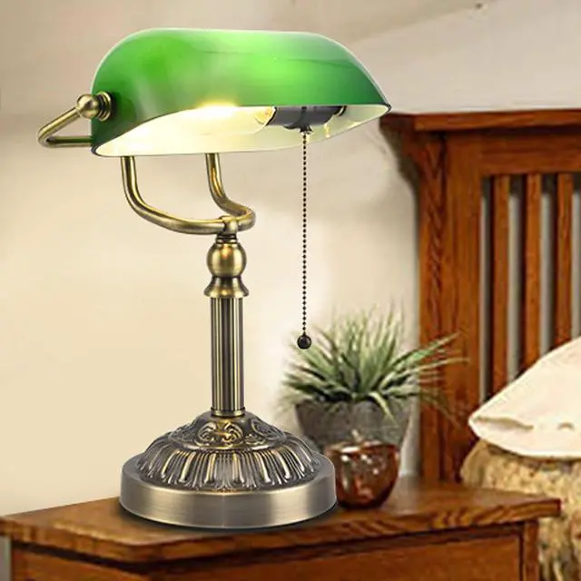 Alt view image 7 of 7 - Bankers Desk Lamp with USB-A Charging Port, Vintage Desk Lamps with Pull Chain Green Glass, Antique Brass Banker's Lamp for Home Office Library