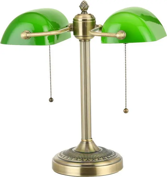 Main image of Green Double Head Glass Bankers Desk Lamp with Pull Chain Switch Plug in Fixture for Library, Office, Cafe
