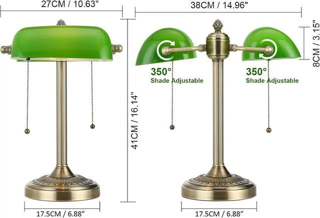 Alt view image 4 of 7 - Green Double Head Glass Bankers Desk Lamp with Pull Chain Switch Plug in Fixture for Library, Office, Cafe