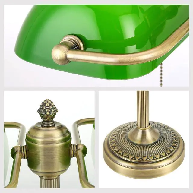 Alt view image 5 of 7 - Green Double Head Glass Bankers Desk Lamp with Pull Chain Switch Plug in Fixture for Library, Office, Cafe