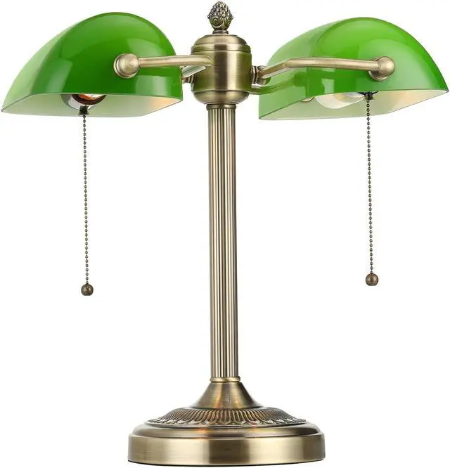 Alt view image 6 of 7 - Green Double Head Glass Bankers Desk Lamp with Pull Chain Switch Plug in Fixture for Library, Office, Cafe