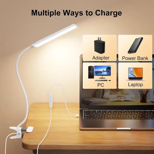 Alt view image 7 of 7 - Vansuny Clip on Light LED Desk Lamp with Metal Clip, 6 Level Brightness 3 Color Modes, Power by USB Port 5W Adjustable Neck Eye-Caring Reading Light for Home and Office, White