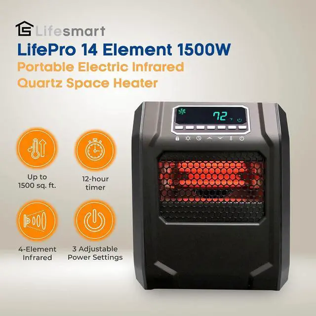 Alt view image 2 of 7 - LIFESMART GLOBAL 1500 Watt 4 Element Portable Electric Infrared Quartz Bulb Room Heater for Indoor Use with 3 Heat Settings and Digital Panel - Black