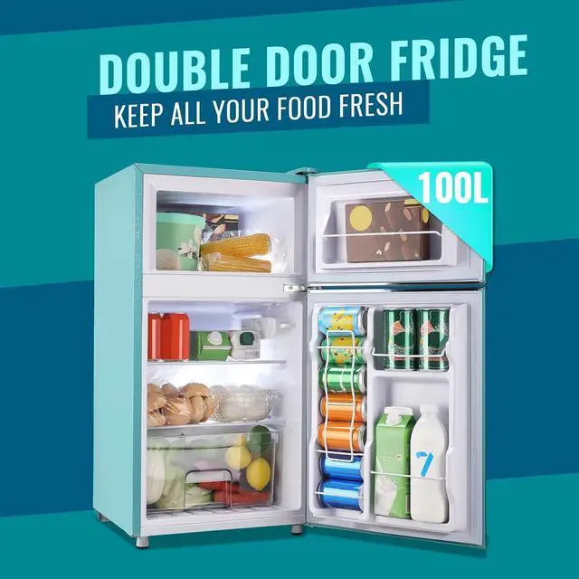 Main image of WANAI Small Refrigerator 3.5 Cu.Ft Retro Mini Fridge Freezer Two Doors Handles for Home Dorm College Office Freestanding Blue Refrigerator with LED Light and Galss Shelves