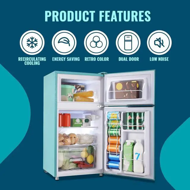 Alt view image 2 of 7 - WANAI Small Refrigerator 3.5 Cu.Ft Retro Mini Fridge Freezer Two Doors Handles for Home Dorm College Office Freestanding Blue Refrigerator with LED Light and Galss Shelves