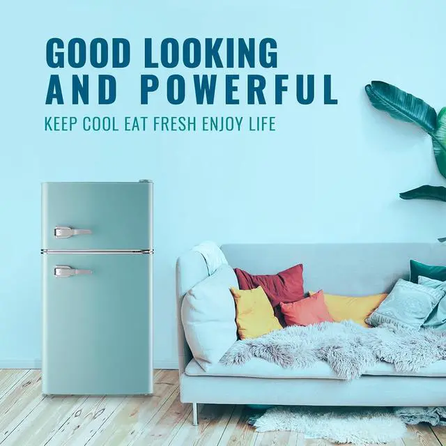 Alt view image 3 of 7 - WANAI Small Refrigerator 3.5 Cu.Ft Retro Mini Fridge Freezer Two Doors Handles for Home Dorm College Office Freestanding Blue Refrigerator with LED Light and Galss Shelves