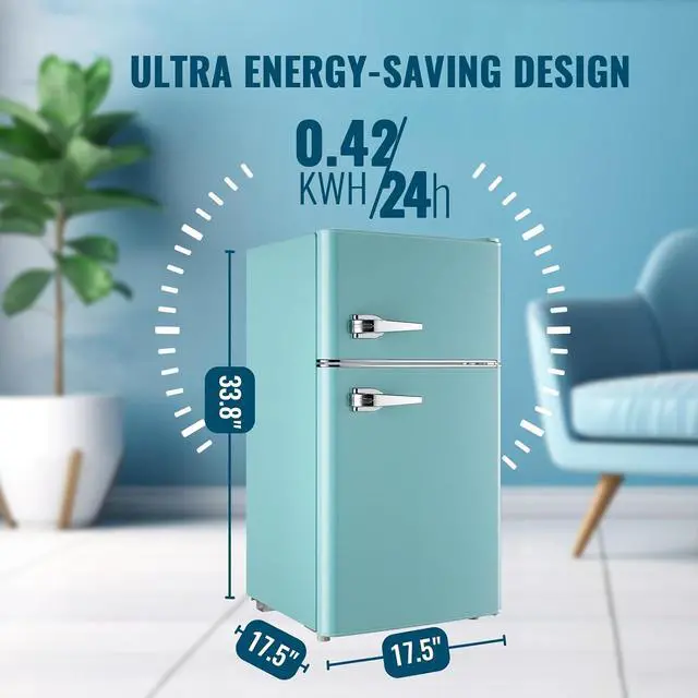 Alt view image 4 of 7 - WANAI Small Refrigerator 3.5 Cu.Ft Retro Mini Fridge Freezer Two Doors Handles for Home Dorm College Office Freestanding Blue Refrigerator with LED Light and Galss Shelves