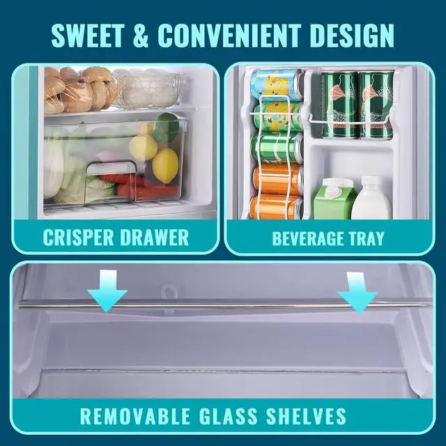 Alt view image 5 of 7 - WANAI Small Refrigerator 3.5 Cu.Ft Retro Mini Fridge Freezer Two Doors Handles for Home Dorm College Office Freestanding Blue Refrigerator with LED Light and Galss Shelves