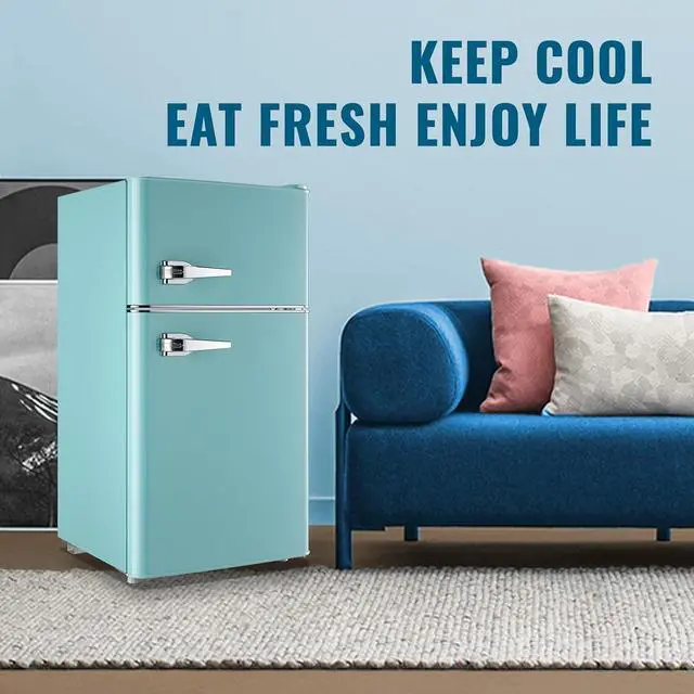Alt view image 7 of 7 - WANAI Small Refrigerator 3.5 Cu.Ft Retro Mini Fridge Freezer Two Doors Handles for Home Dorm College Office Freestanding Blue Refrigerator with LED Light and Galss Shelves