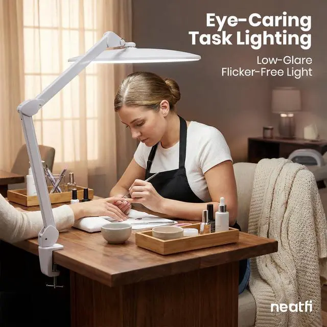 Alt view image 3 of 7 - Neatfi Elite HD XL Desk Lamp 1,600 Lumens, 22 Wide Head, 6500K Daylight | Non-Polar Dimming, Adjustable | Office, Study & Home Workspace (White, Non-CCT with Clamp, 22 Inches)