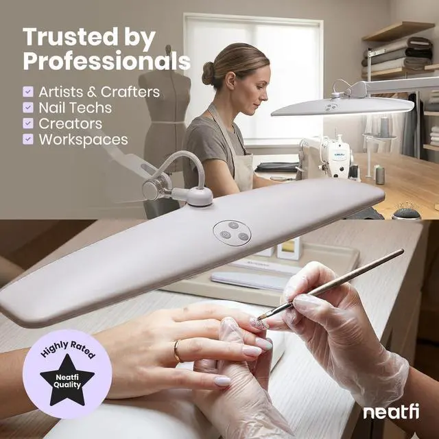 Alt view image 4 of 7 - Neatfi Elite HD XL Desk Lamp 1,600 Lumens, 22 Wide Head, 6500K Daylight | Non-Polar Dimming, Adjustable | Office, Study & Home Workspace (White, Non-CCT with Clamp, 22 Inches)