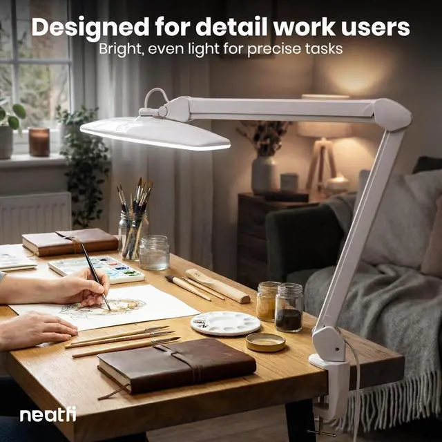 Alt view image 2 of 7 - Neatfi Elite HD XL Desk Lamp 1,600 Lumens, 22 Wide Head, 6500K Daylight | Non-Polar Dimming, Adjustable | Office, Study & Home Workspace (White, Non-CCT with Clamp, 22 Inches)