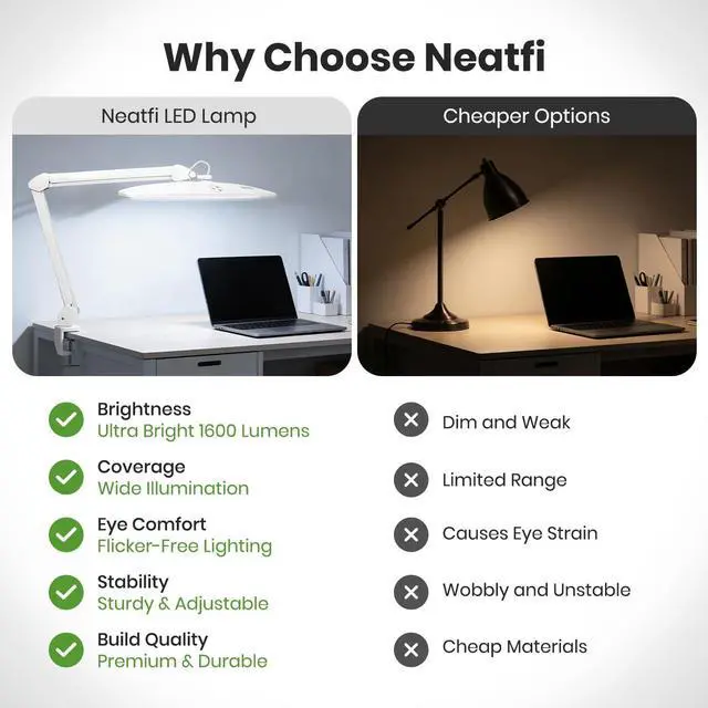 Alt view image 5 of 7 - Neatfi Elite HD XL Desk Lamp 1,600 Lumens, 22 Wide Head, 6500K Daylight | Non-Polar Dimming, Adjustable | Office, Study & Home Workspace (White, Non-CCT with Clamp, 22 Inches)