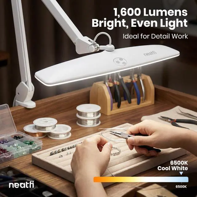 Alt view image 6 of 7 - Neatfi Elite HD XL Desk Lamp 1,600 Lumens, 22 Wide Head, 6500K Daylight | Non-Polar Dimming, Adjustable | Office, Study & Home Workspace (White, Non-CCT with Clamp, 22 Inches)
