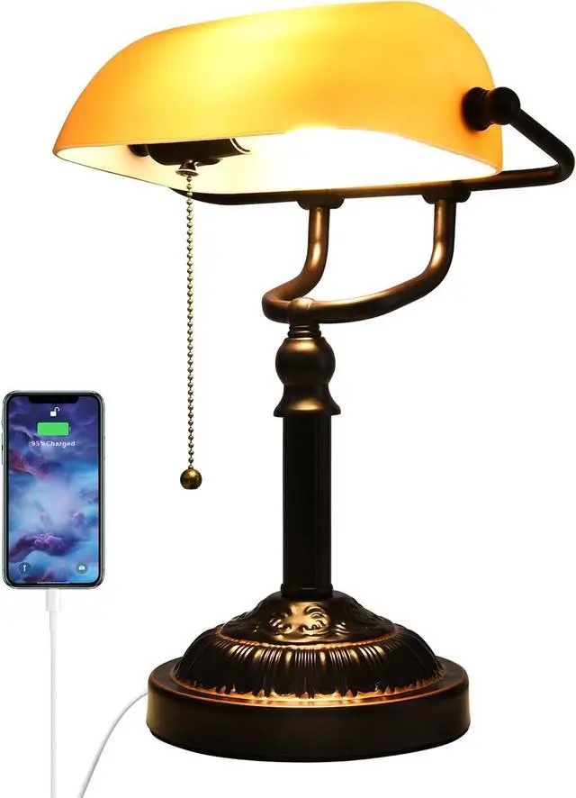Main image of Bankers Desk Lamp with USB-A Port, Rustic Desk Lamp Pull Chain with Yellow Glass Shade, Vintage Banker's Desk Lamp Oil Rubbed Bronze for Home Office Library