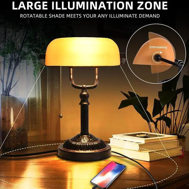 Alt view image 3 of 7 - Bankers Desk Lamp with USB-A Port, Rustic Desk Lamp Pull Chain with Yellow Glass Shade, Vintage Banker's Desk Lamp Oil Rubbed Bronze for Home Office Library