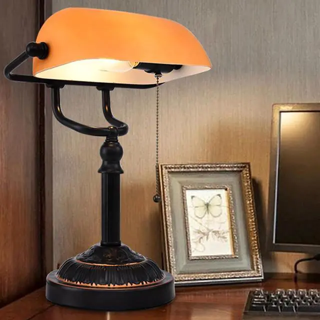 Alt view image 4 of 7 - Bankers Desk Lamp with USB-A Port, Rustic Desk Lamp Pull Chain with Yellow Glass Shade, Vintage Banker's Desk Lamp Oil Rubbed Bronze for Home Office Library