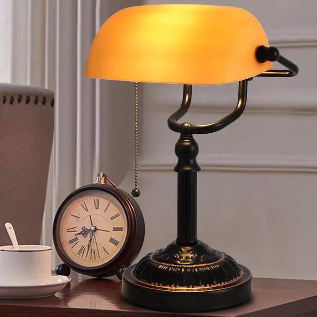 Alt view image 5 of 7 - Bankers Desk Lamp with USB-A Port, Rustic Desk Lamp Pull Chain with Yellow Glass Shade, Vintage Banker's Desk Lamp Oil Rubbed Bronze for Home Office Library
