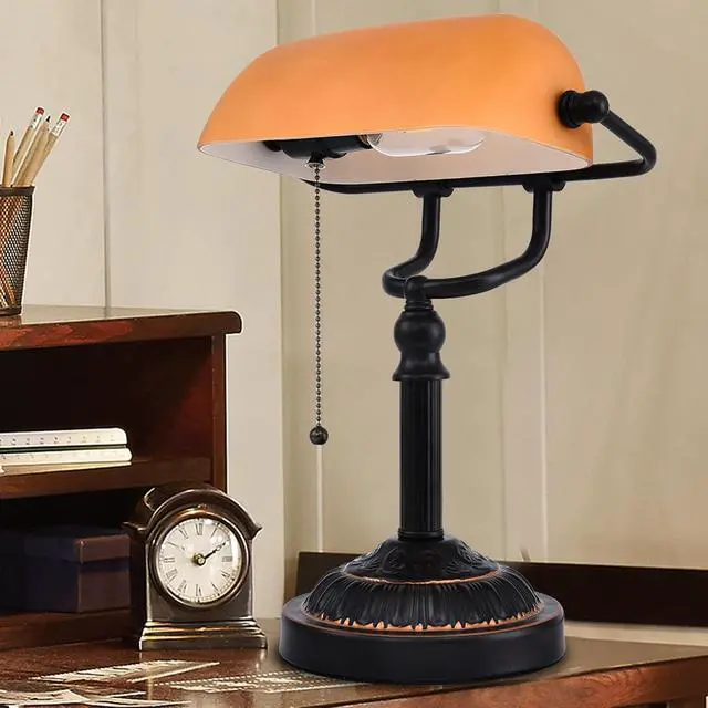 Alt view image 6 of 7 - Bankers Desk Lamp with USB-A Port, Rustic Desk Lamp Pull Chain with Yellow Glass Shade, Vintage Banker's Desk Lamp Oil Rubbed Bronze for Home Office Library
