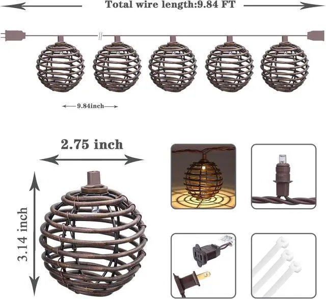 Alt view image 3 of 7 - Vigdur Patio String Lights Outdoor, Brown Globe Lantern String Lights with 10 Bulbs Plug in, Connectable Indoor String Light for Home Garden Backyard Boho Decor(9.84FT)