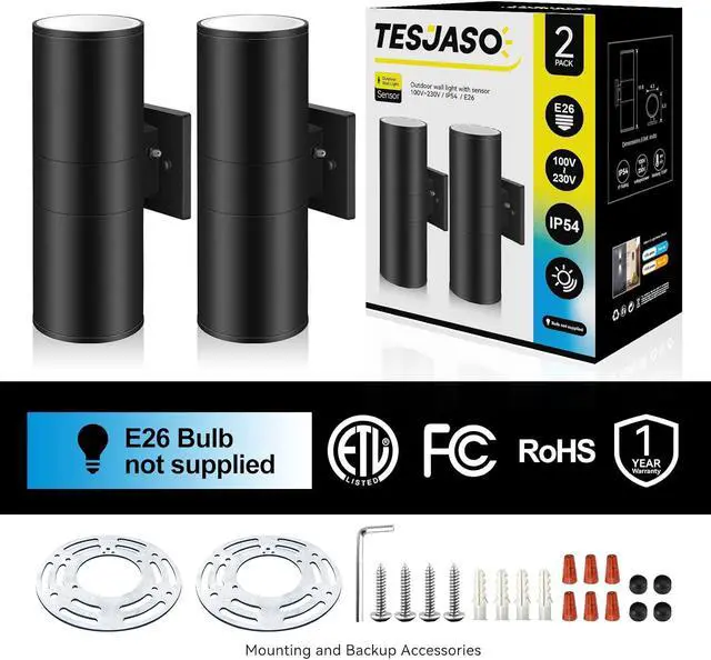 Alt view image 7 of 7 - Dusk to Dawn Sensor Outdoor Wall Light, Up and Down Cylinder Outdoor Wall Sconce Light Aluminum Modern Exterior Light Fixture IP65 Waterproof ETL(Bulbs Not Included)