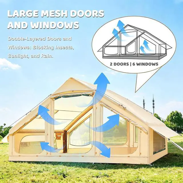 Alt view image 4 of 7 - Inflatable Tents for Camping, Blow Up Tent with Hand Pump, Easy Setup Inflatable Hot Tent with Stove Jack, Waterproof Oxford Air Glamping Tents for Camping Adult 4-12 Person