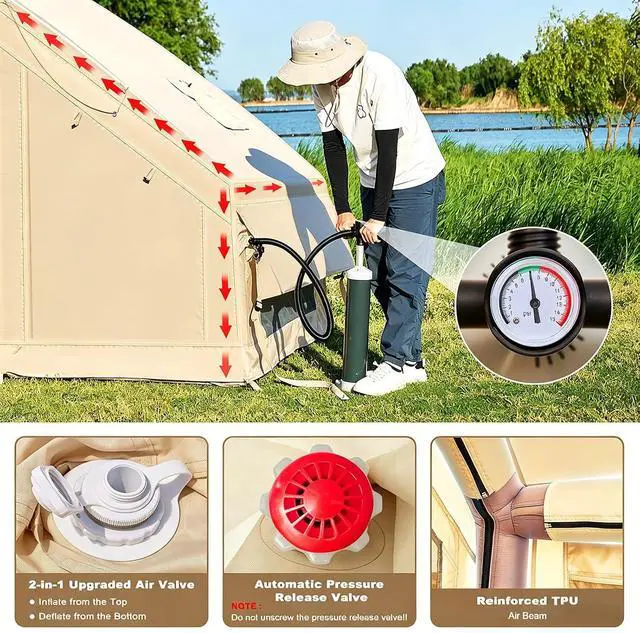 Alt view image 5 of 7 - Inflatable Tents for Camping, Blow Up Tent with Hand Pump, Easy Setup Inflatable Hot Tent with Stove Jack, Waterproof Oxford Air Glamping Tents for Camping Adult 4-12 Person