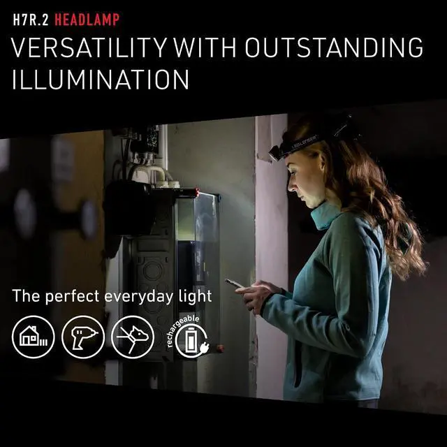 Alt view image 3 of 7 - Ledlenser H7R2 Headlamp Flashlight - Black, 300 Lumens, 160 m Beam Distance, 165 g, 880022 - Advanced Focus System & Rapid Focus - Ultralight Head Lamp - Rear Safety Light, Camping Headlamps