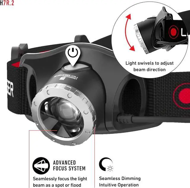 Alt view image 4 of 7 - Ledlenser H7R2 Headlamp Flashlight - Black, 300 Lumens, 160 m Beam Distance, 165 g, 880022 - Advanced Focus System & Rapid Focus - Ultralight Head Lamp - Rear Safety Light, Camping Headlamps