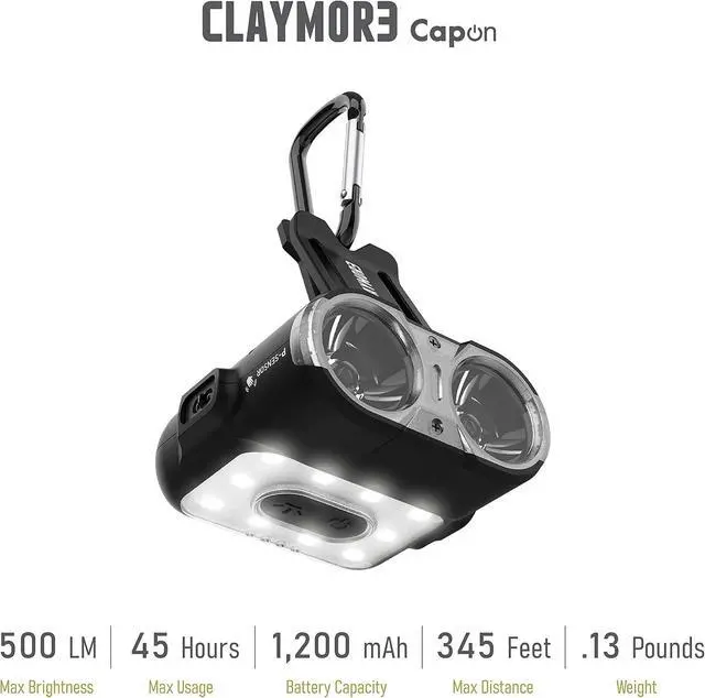 Alt view image 6 of 7 - Claymore Capon 120H (Black) - LED Rechargeable Clip-On Cap Headlamp, Lightweight Hat Light for Camping, Running, Hiking, Emergency & Industrial Use, Waterproof, USB-C, Up to 45 Hours of Battery Life.