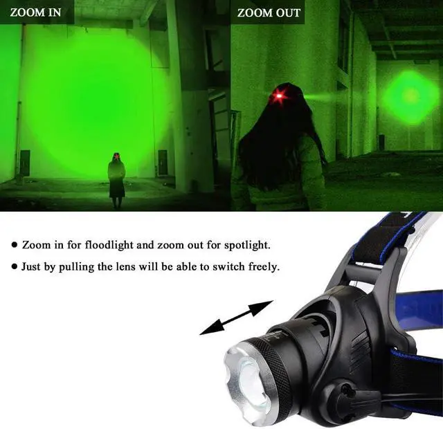 Alt view image 4 of 7 - Green LED Headlamp Waterproof Head Torch Light with Zoomable and 3 Mode Best for Hunting, Outdoor Activities, Climbing, Astronomy