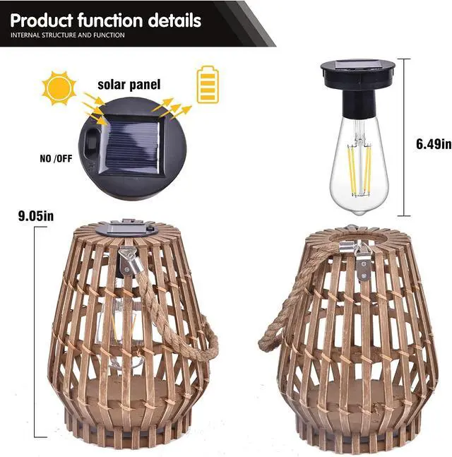 Alt view image 2 of 6 - Solar Hanging Lantern Outdoor , Waterproof Natural Bamboo Lanterns with Handle Edison Bulb Design Solar Table Lamp Lights Decoration for Courtyard Patio Garden Farmhouse